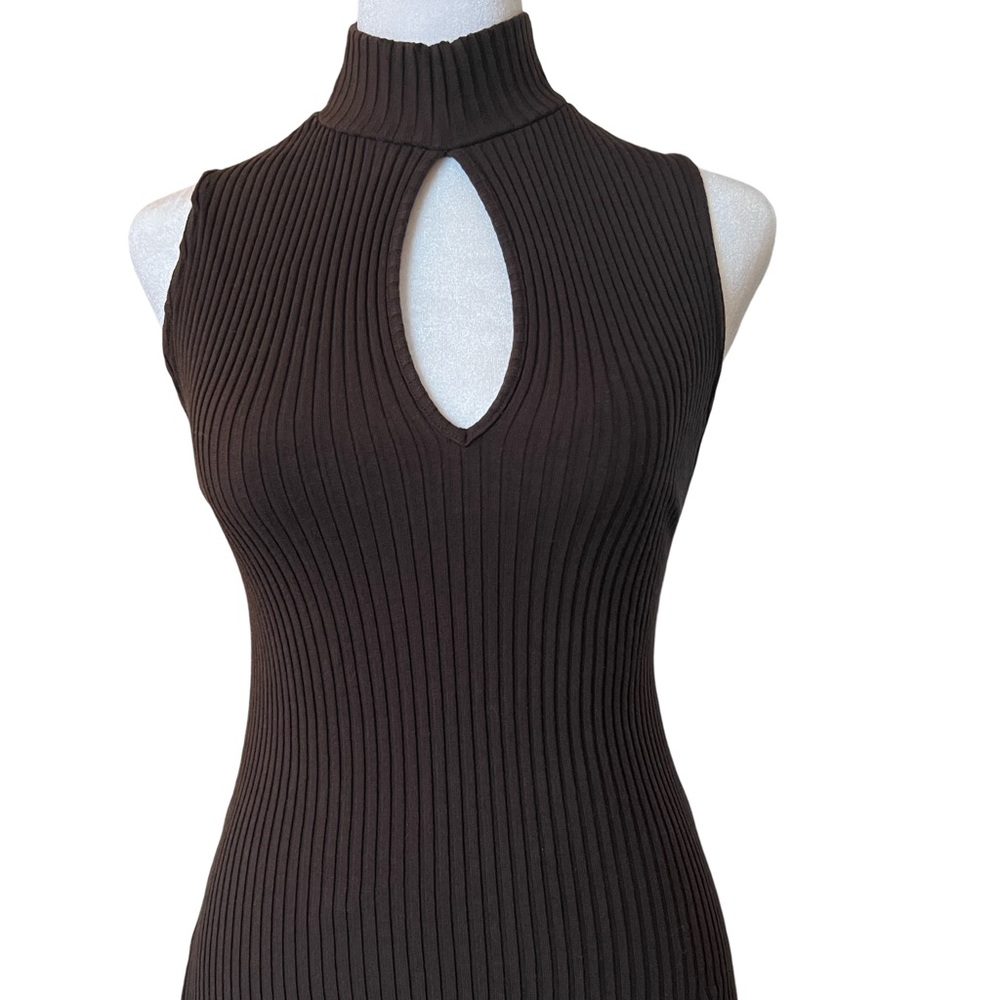 Zara Brown Bodycon Dress midi sleeveless ribbed keyhole front. - Picture 1 of 6